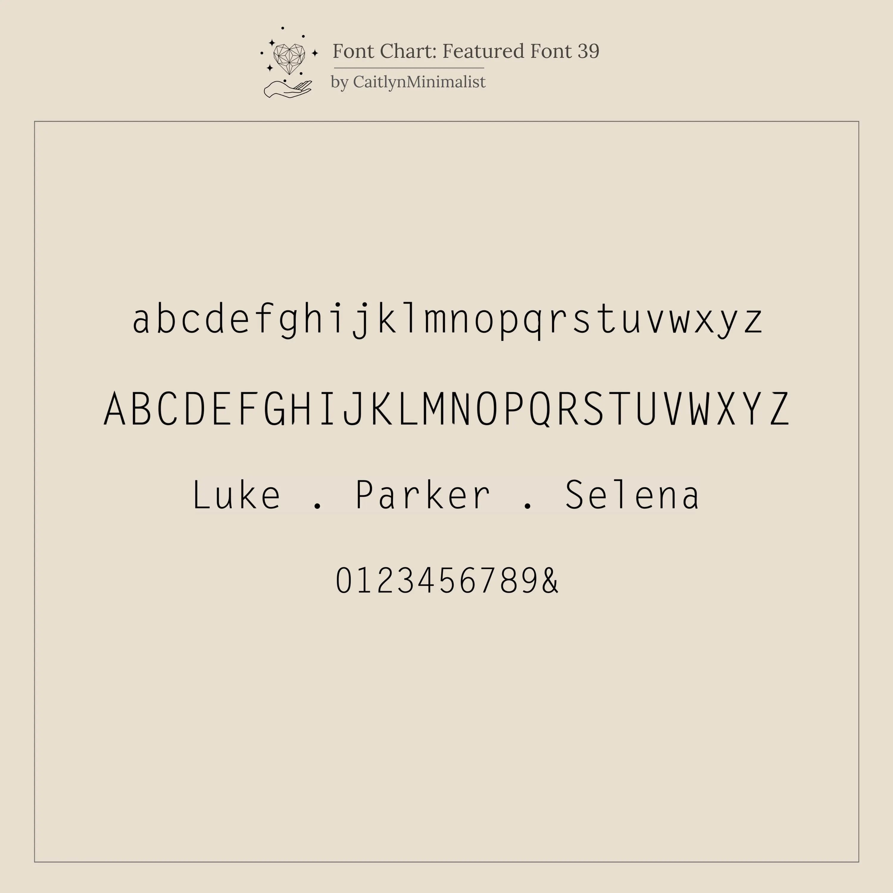 Minimalist sans-serif font chart showing uppercase, lowercase, numbers, and names like Luke, Parker, Selena—ideal for creating the Hand & Footprint Duo Name Ring in Rose Gold as a personalized gift for new parents.