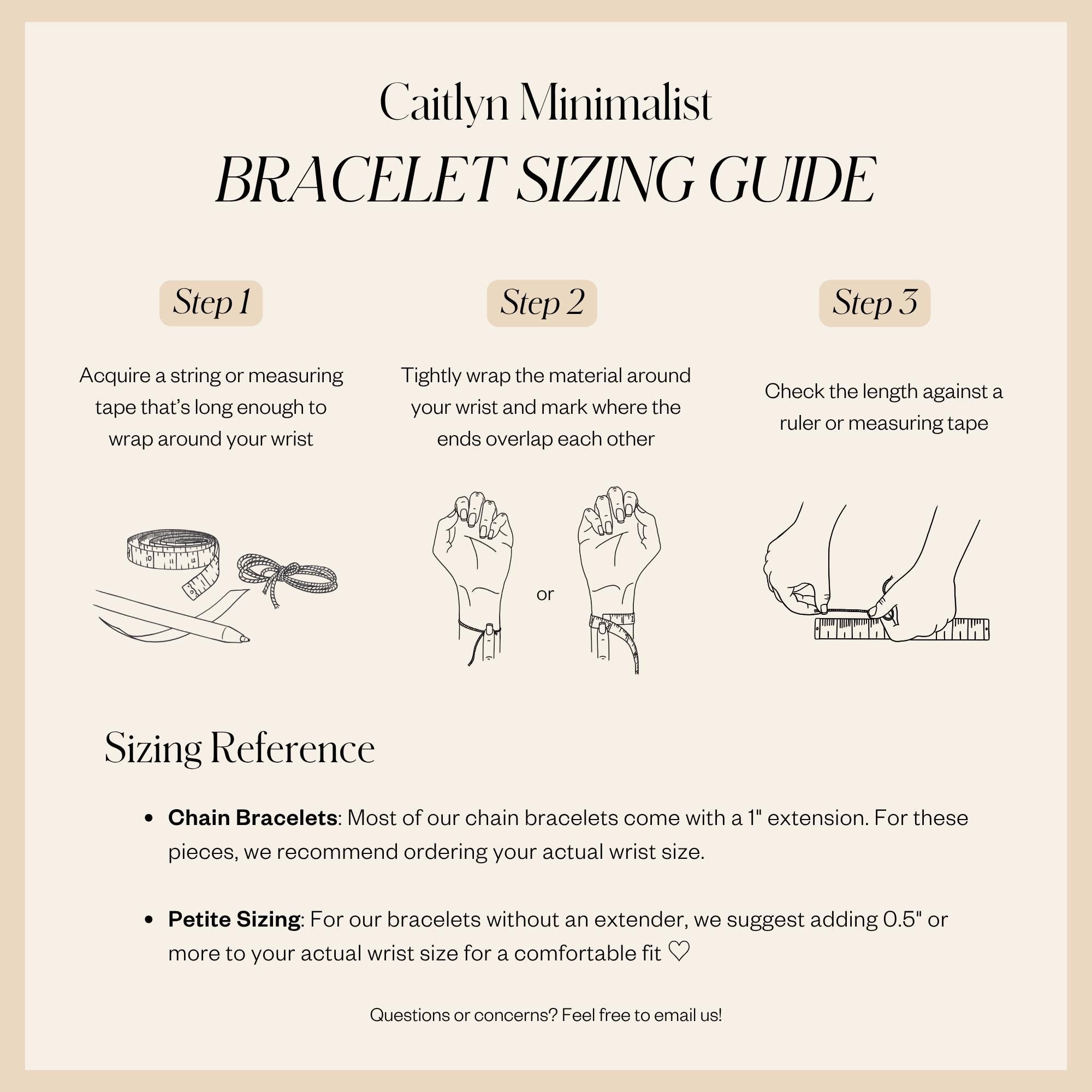 Bracelet sizing guide with illustrated steps and reference text for the Diamond Bezel Tennis Necklace & Bracelet Set in White Gold—perfect for finding the ideal fit or choosing an Anniversary Gift.