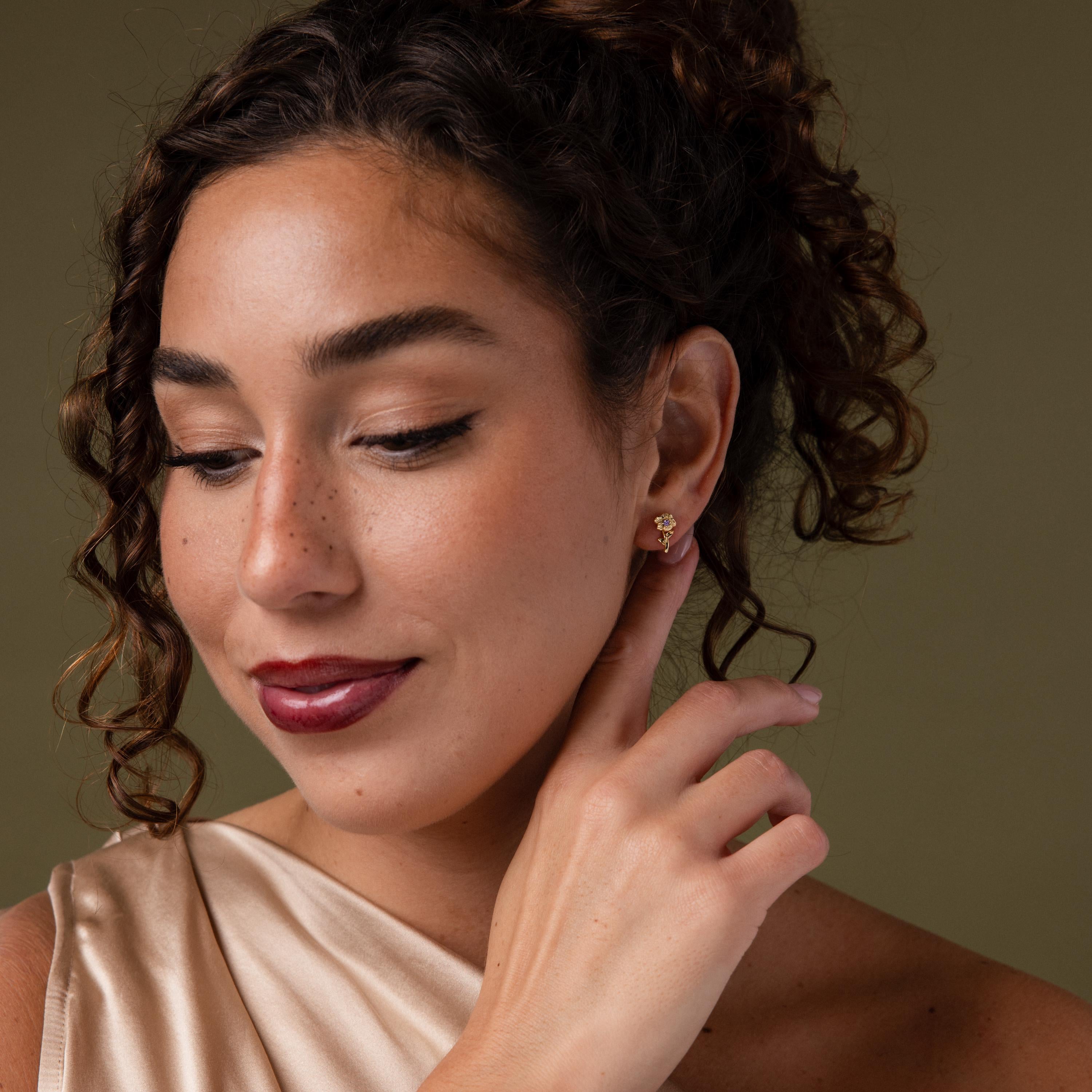Model wearing our Birth Flower Stud Earrings