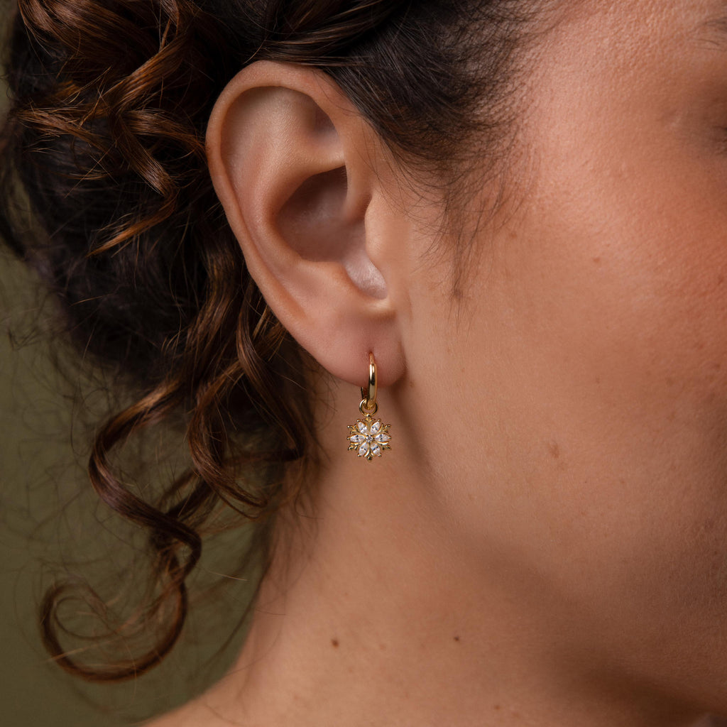 Close-up of a model wearing our Diamond Poinsettia Hoops in gold