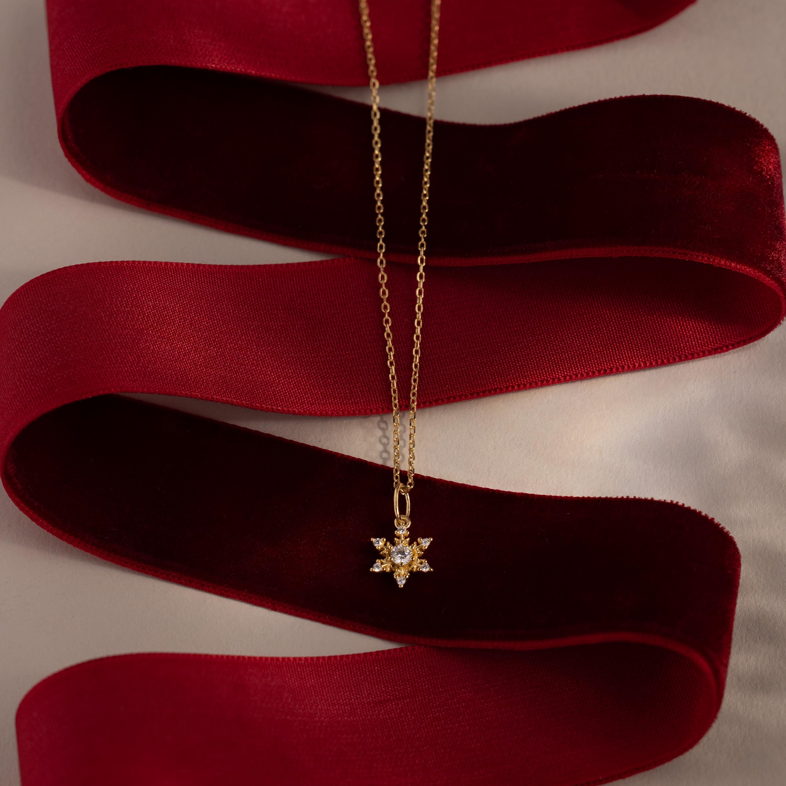 Flatlay of our Diamond Snowflake Necklace against red velvet ribbons