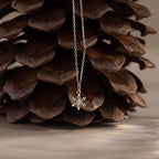 Flatlay of our Diamond Snowflake Necklace against a pinecone