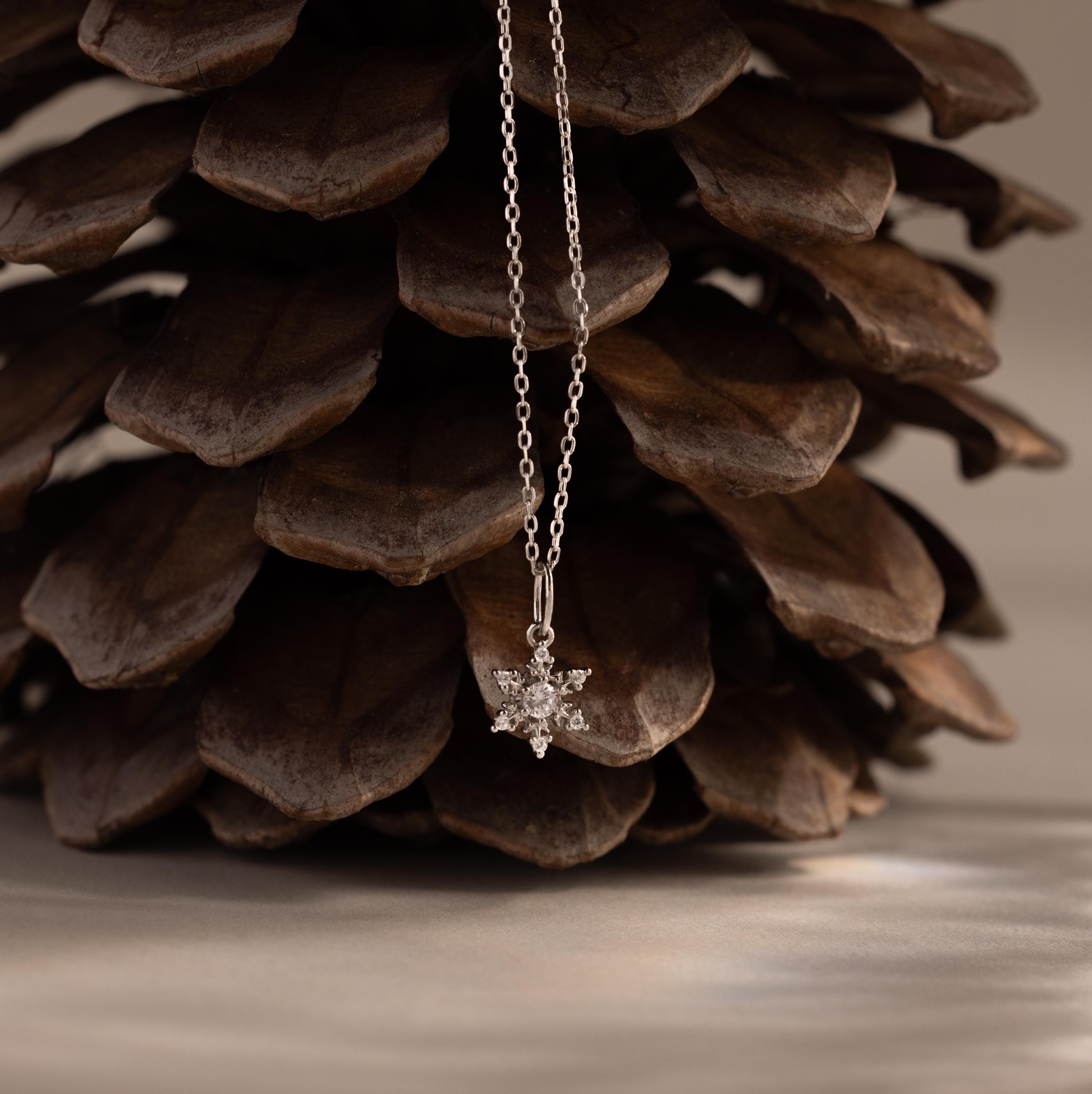 Flatlay of our Diamond Snowflake Necklace against a pinecone