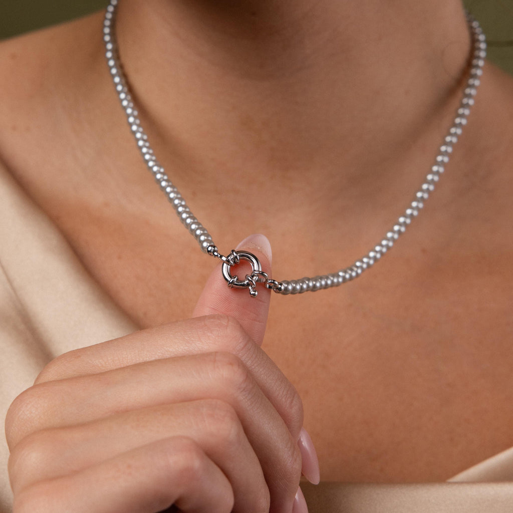 Model showcasing our Smoky Pearl Clasp Necklace