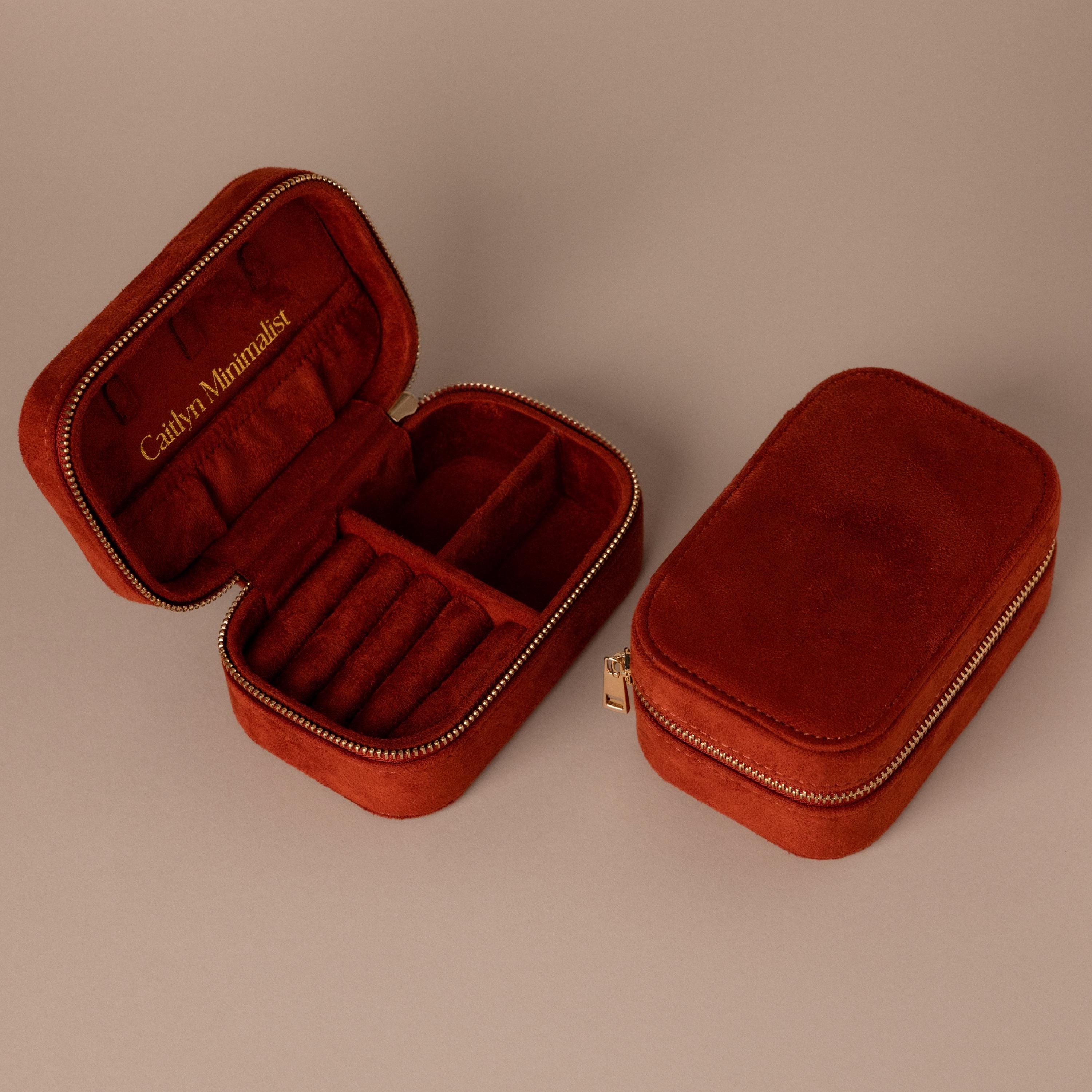 Two small, rectangular Cherry Red Velvet Jewelry Cases—one open to show compartments, one closed—provide elegant jewelry storage for your collection.