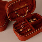 Cherry Red Velvet Jewelry Case with ring and necklace slots, labeled Caitlyn Minimalist inside the lid—ideal for luxury jewelry storage.