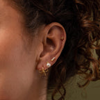 Model showcasing a styled look with our Tiny Bow Flatback Studs in 18K Gold