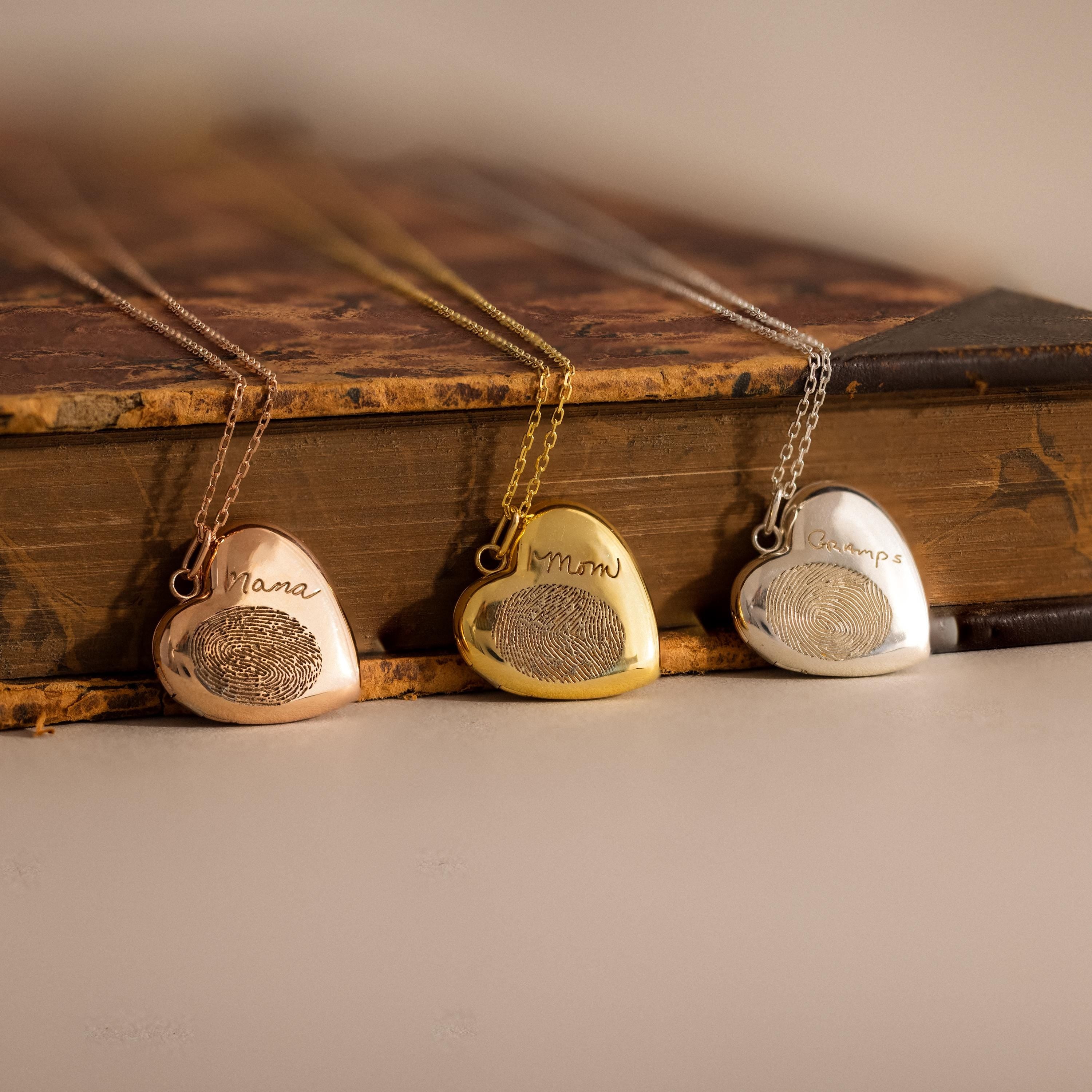 Close up of our Fingerprint Heart Locket Necklace in Rose Gold, Gold and Silver