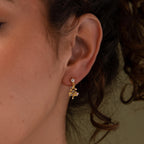 Close-up of a model wearing our Holiday Tree Studs gold earring with gemstones