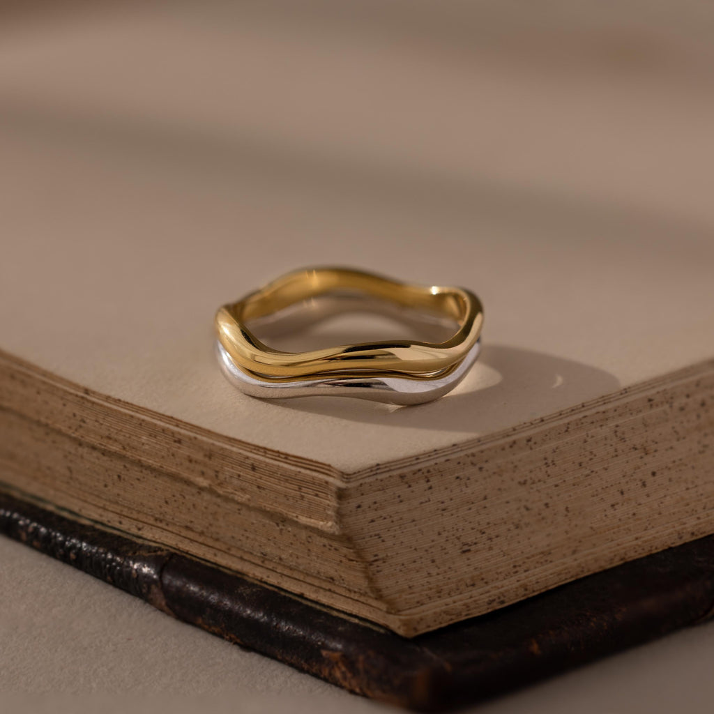 Flatlay of our Mixed Metal Wave Ring Set