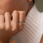 Close-up of a model wearing our Mixed Metal Wave Ring Set