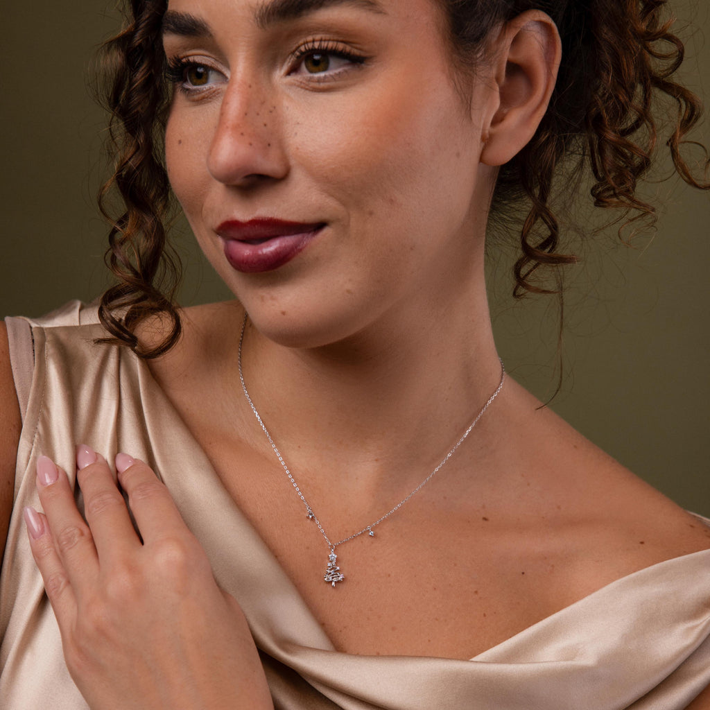 Model wearing our Holiday Diamond Tree Necklace 
