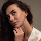 Model with dark hair wearing our Lace Diamond Hoops in Sterling Silver