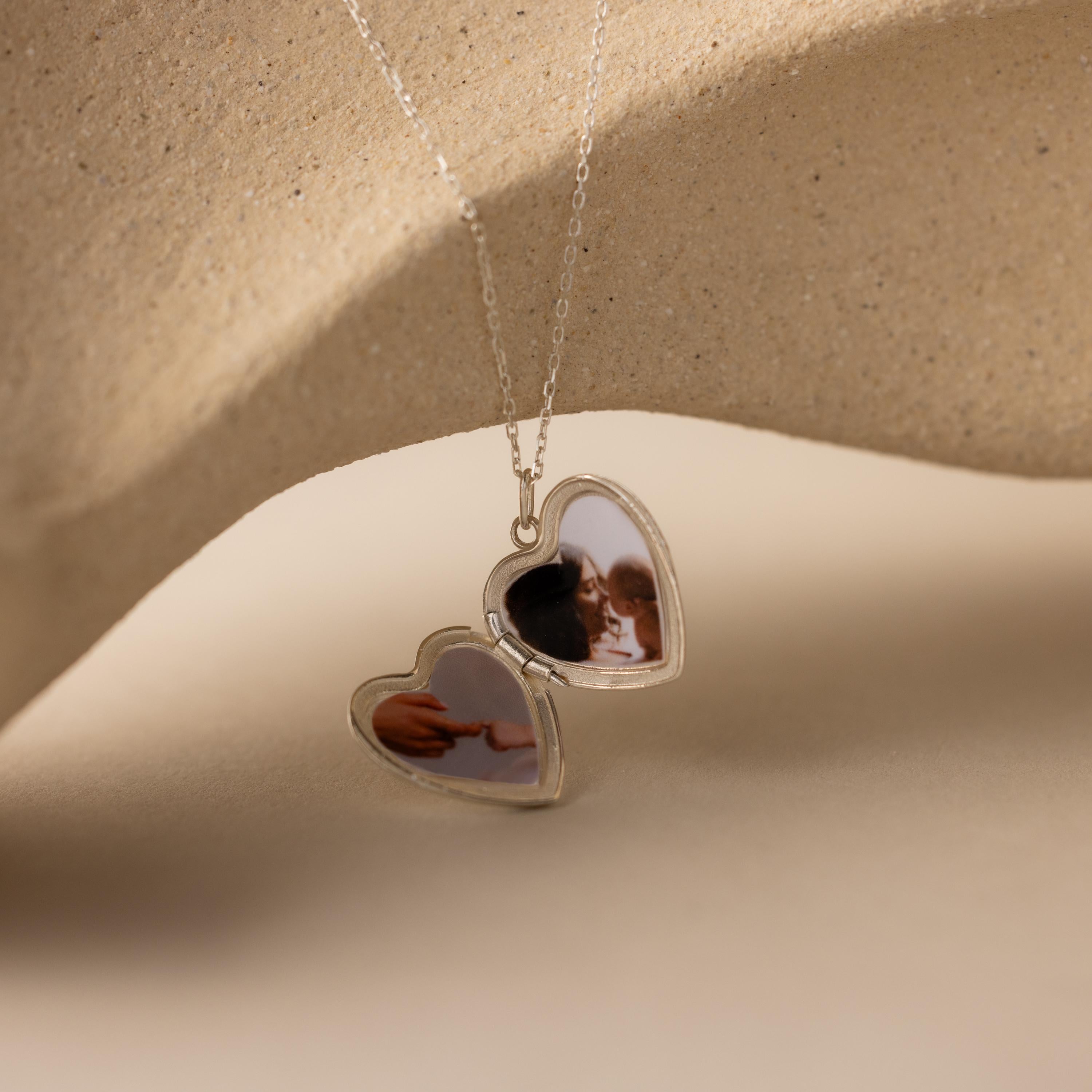 Inside look of our Handwriting Heart Locket Necklace in Sterling Silver