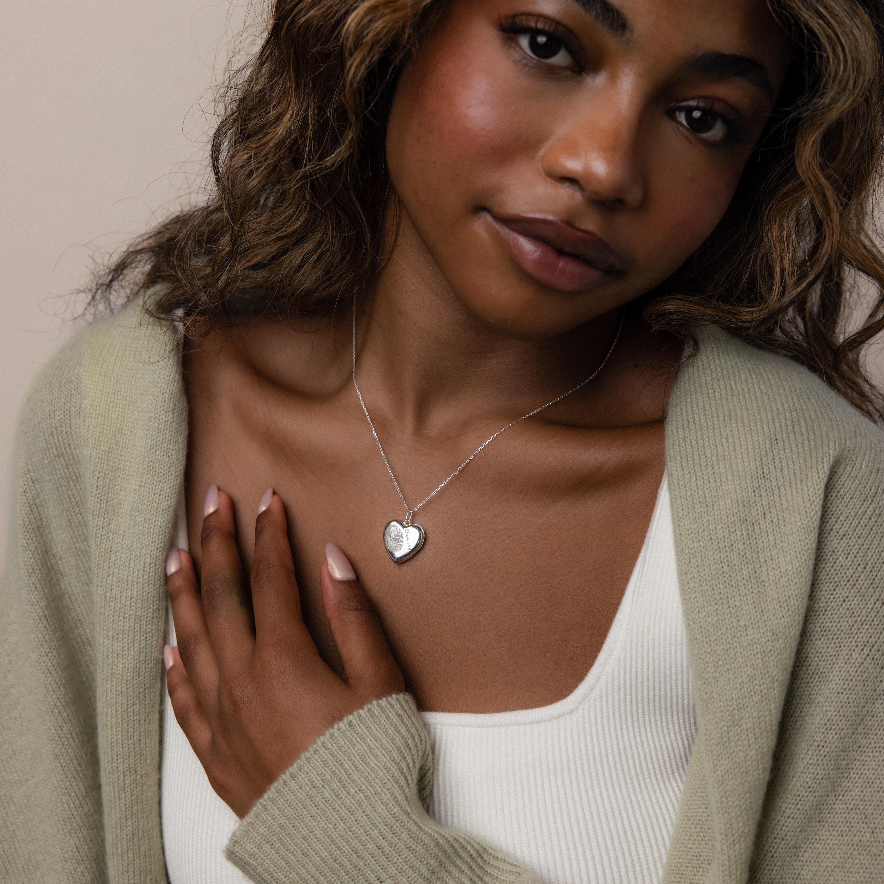 Model wearing our Fingerprint Heart Locket Necklace in Sterling Silver