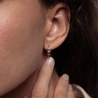 Close up of model wearing our Lace Diamond Hoops in 18K Gold