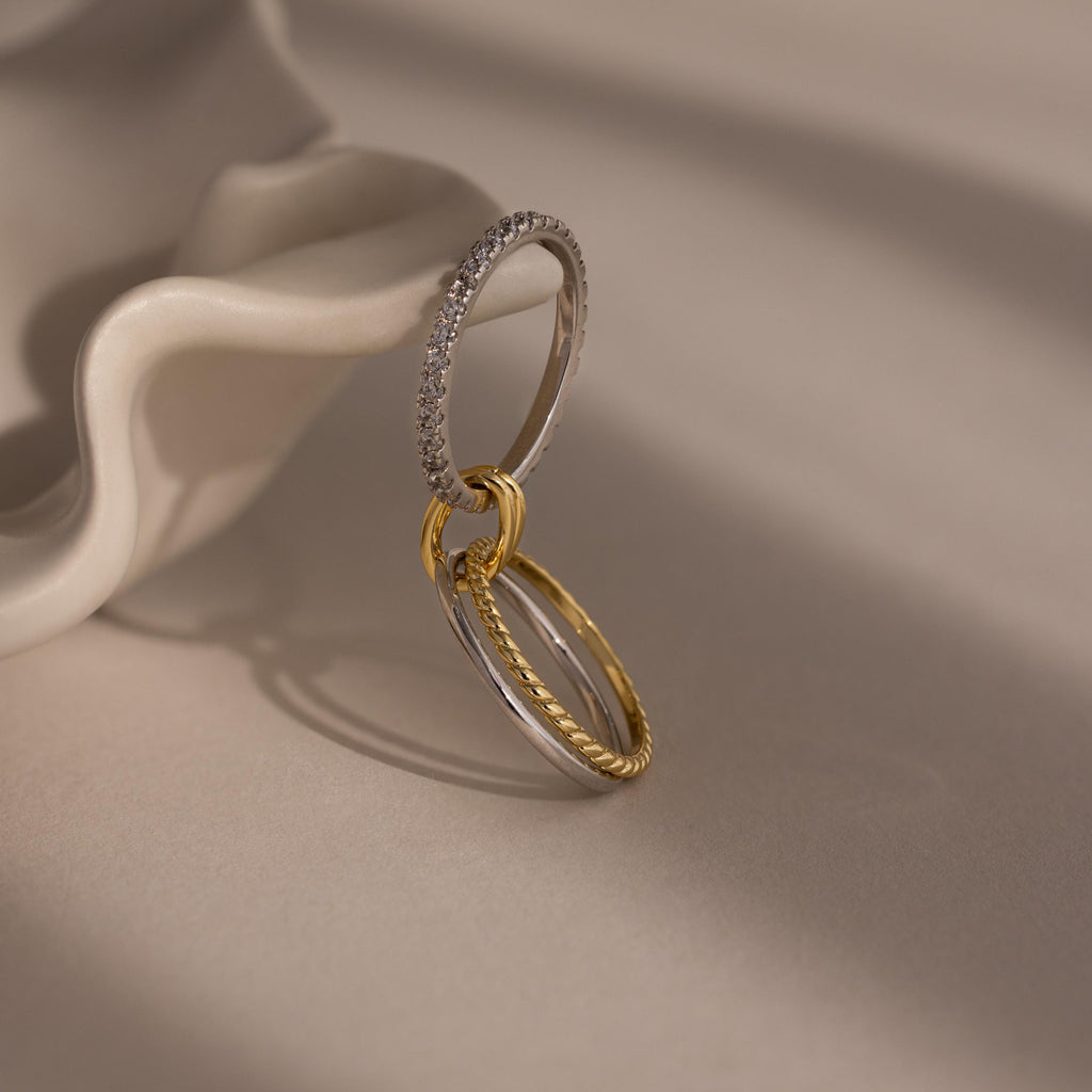 Three Interlinked Rings Pave Mixed Metal Gold & Silver Triple Linked Ring Set | Caitlyn Minimalist