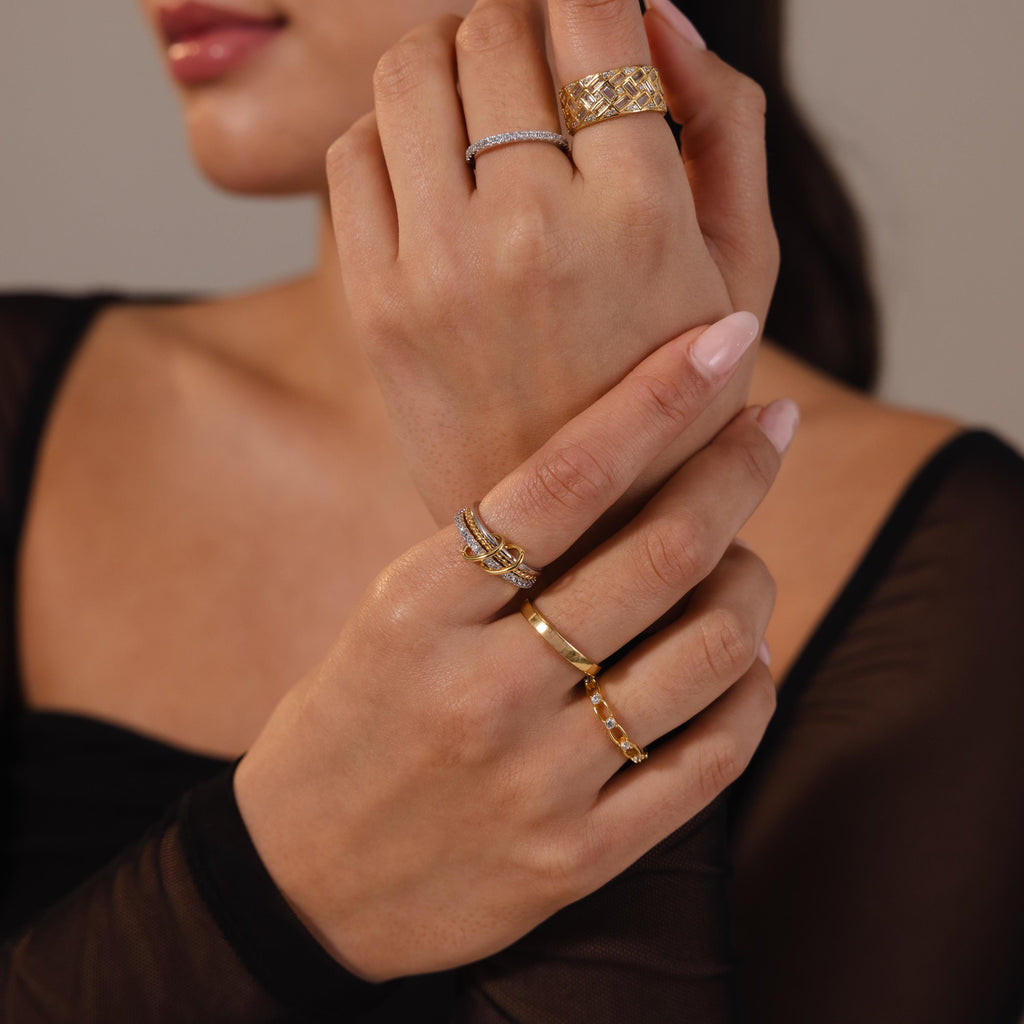 Pave Mixed Metal Gold & Silver Triple Linked Ring Set | Caitlyn Minimalist