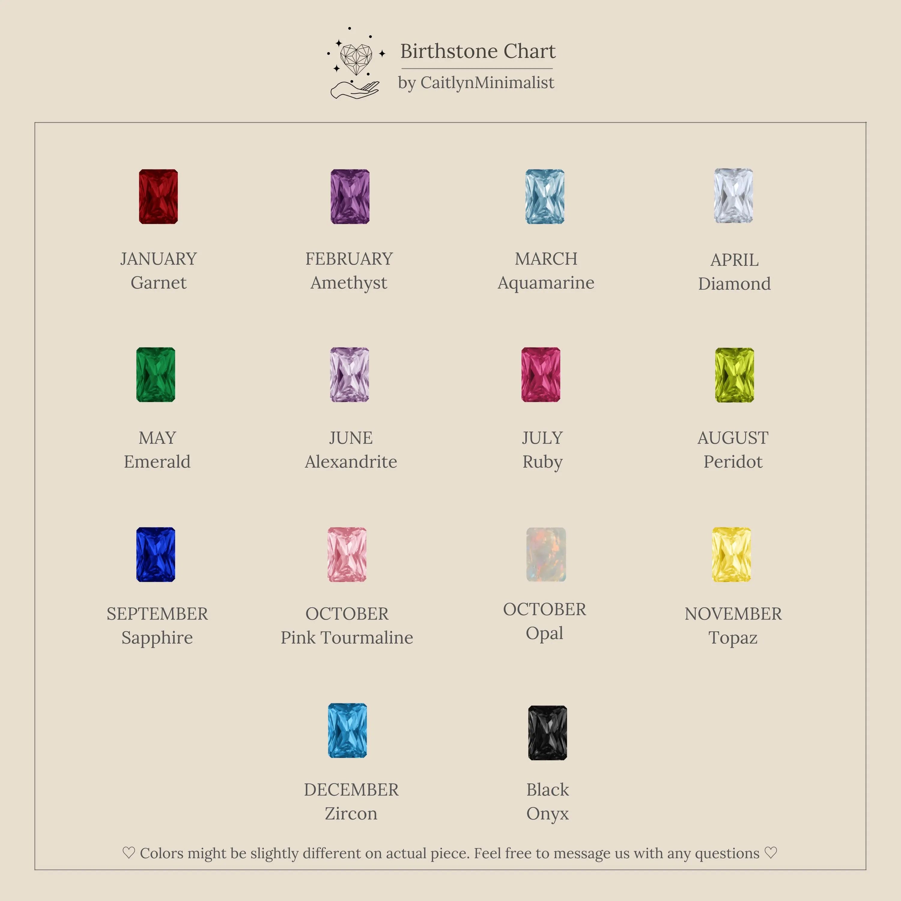 A birthstone chart featuring each month’s gemstone, name, colored illustration, and inspiration for your perfect Toi et Moi Dome Ring in Silver.