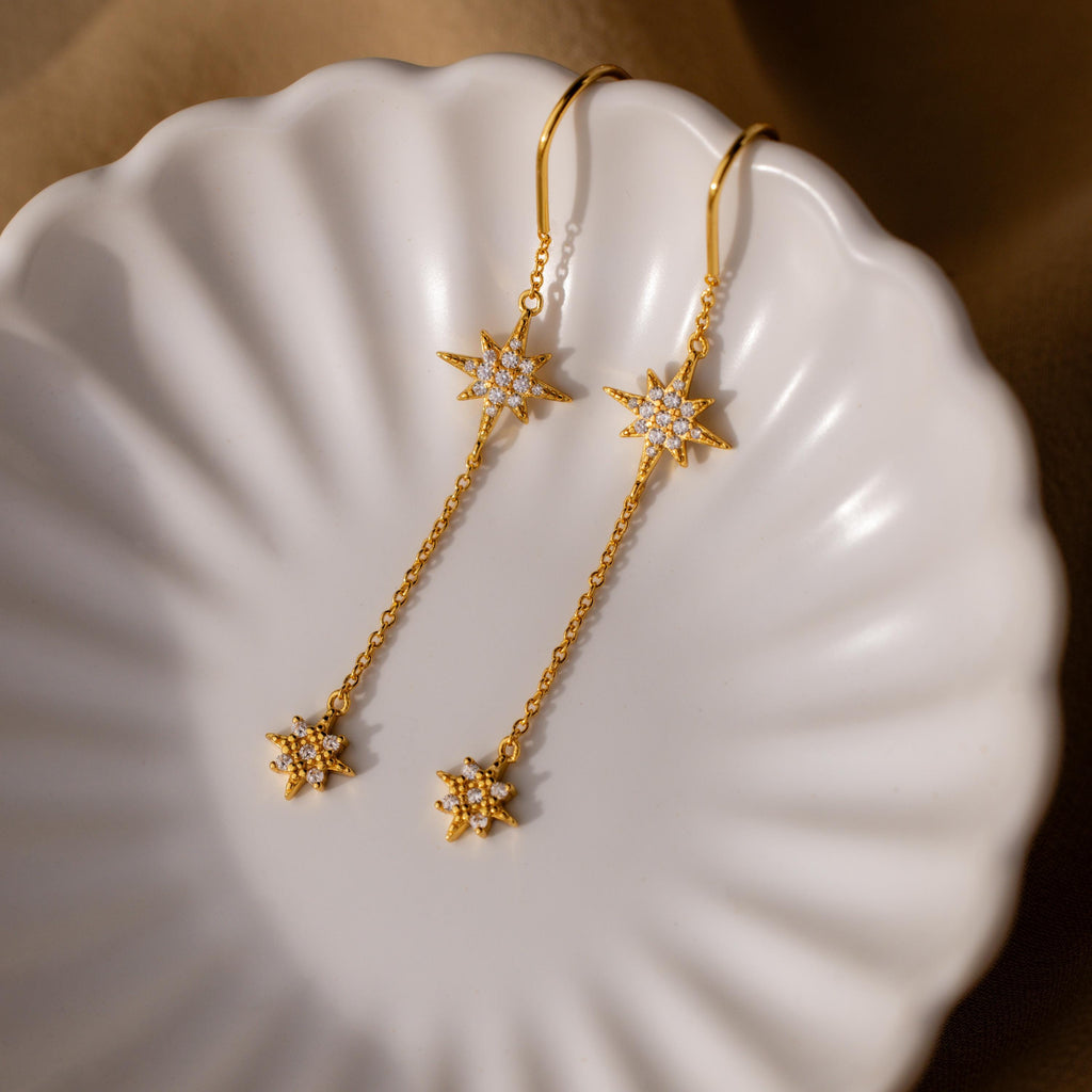Pave Star Threader Earrings in 18K Gold