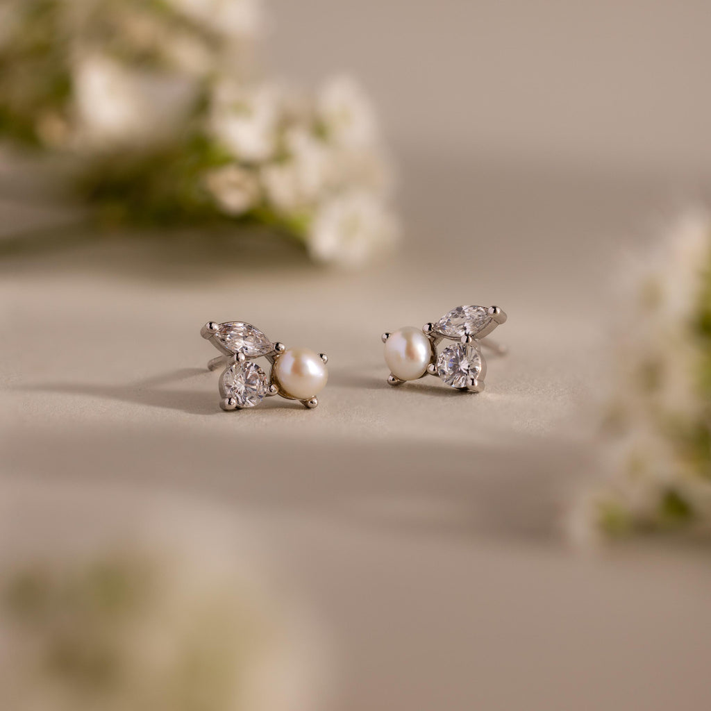 Pearl Diamond Bloom Studs in Silver