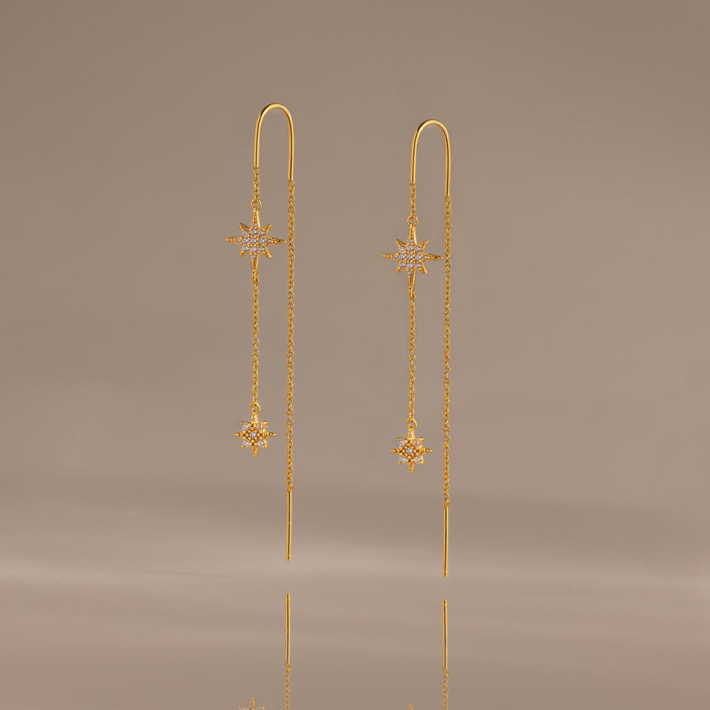 Pave Star Threader Earrings in 18K Gold