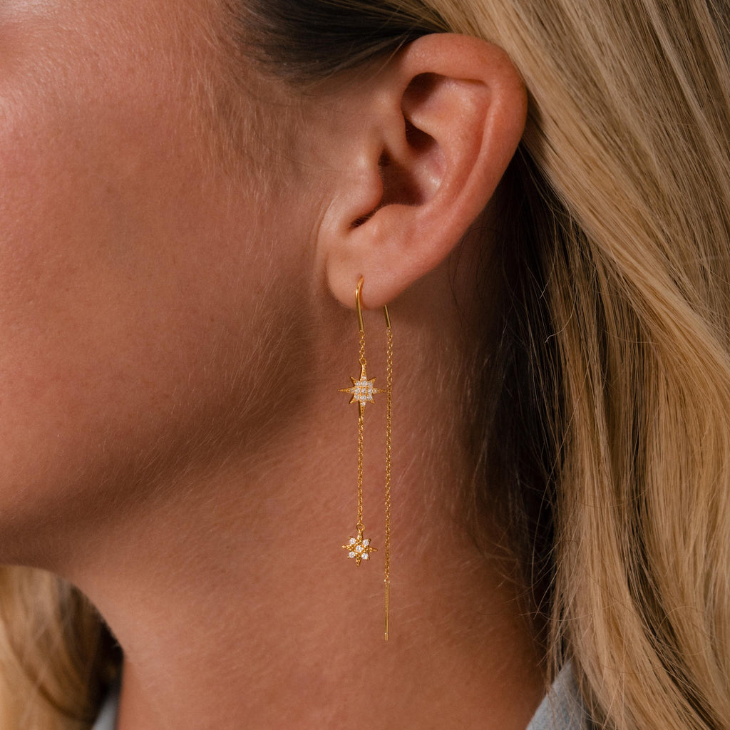 Pave Star Threader Earrings in 18K Gold