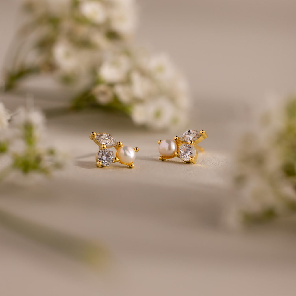 Pearl Diamond Bloom Studs in 18K Gold