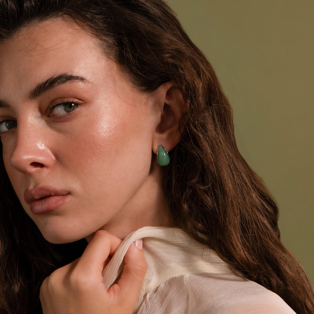 Teardrop Jade Studs in Silver