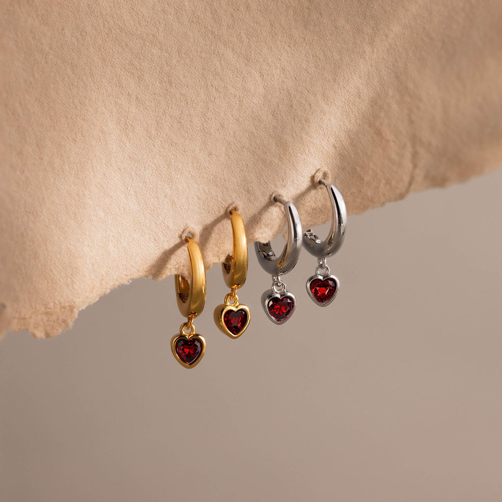 Dangling Garnet Heart Huggies