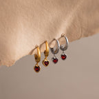 Dangling Garnet Heart Huggies