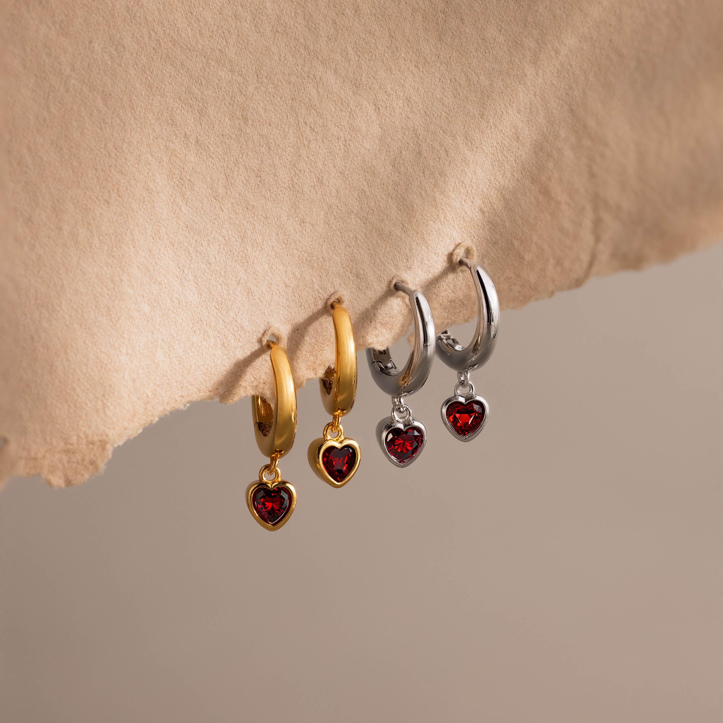 Dangling Garnet Heart Huggies