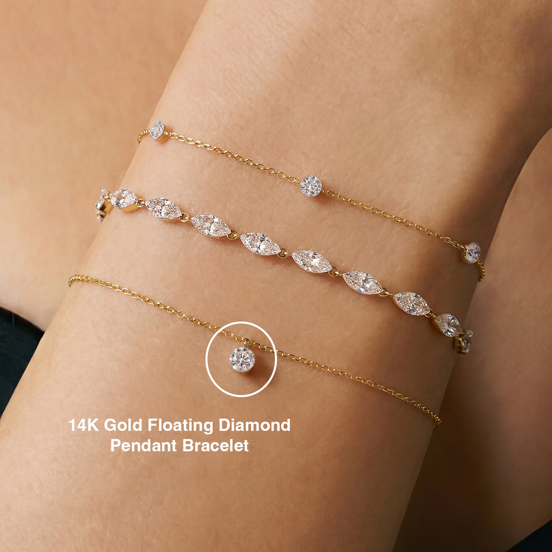 Solid Gold Floating Diamond Pendant Bracelet