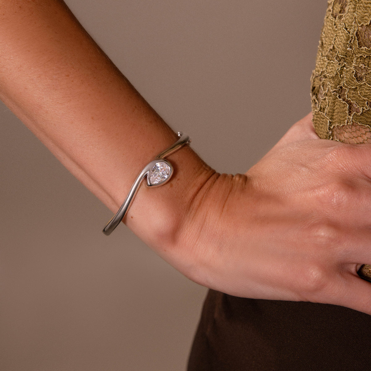 Sculpted Diamond Pear Bangle in Silver