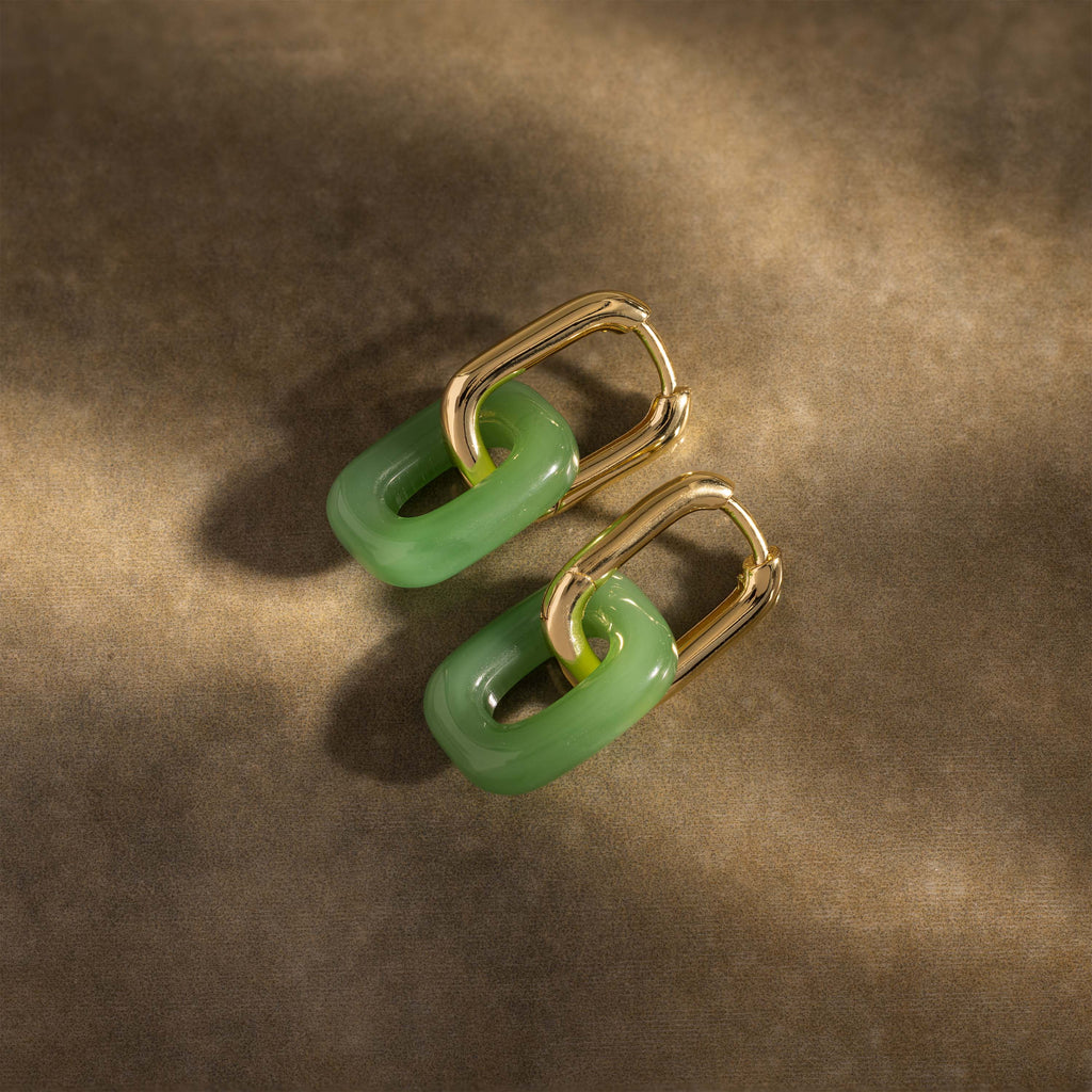Jade Link Drop Hoops in 18K Gold