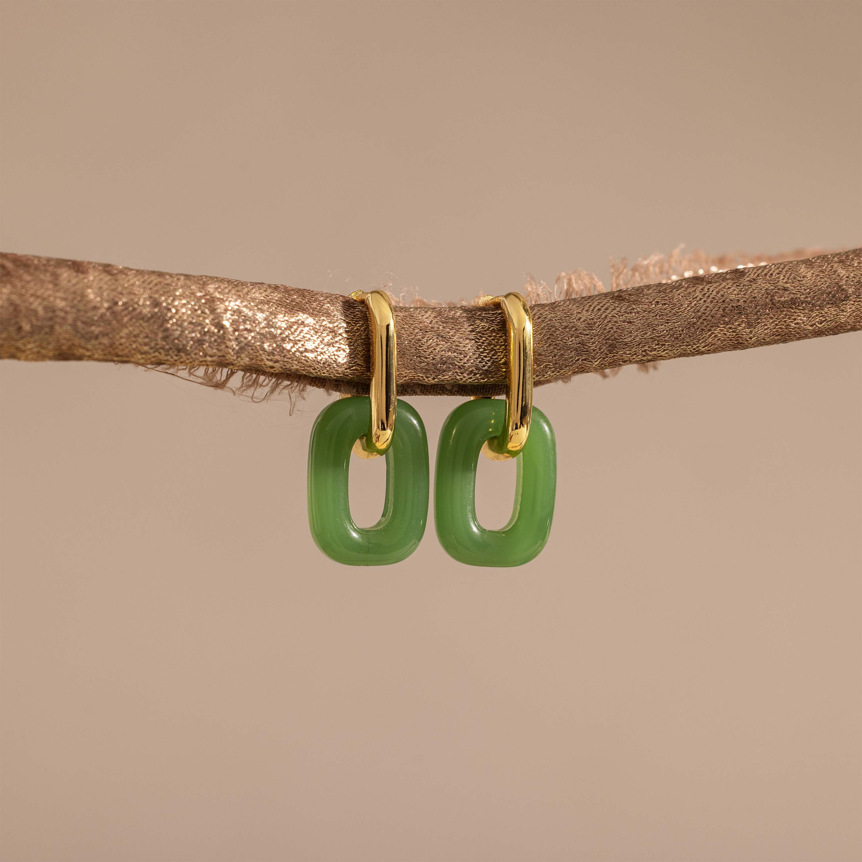 Jade Link Drop Hoops in 18K Gold
