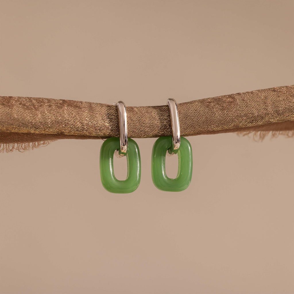 Jade Link Drop Hoops in Silver