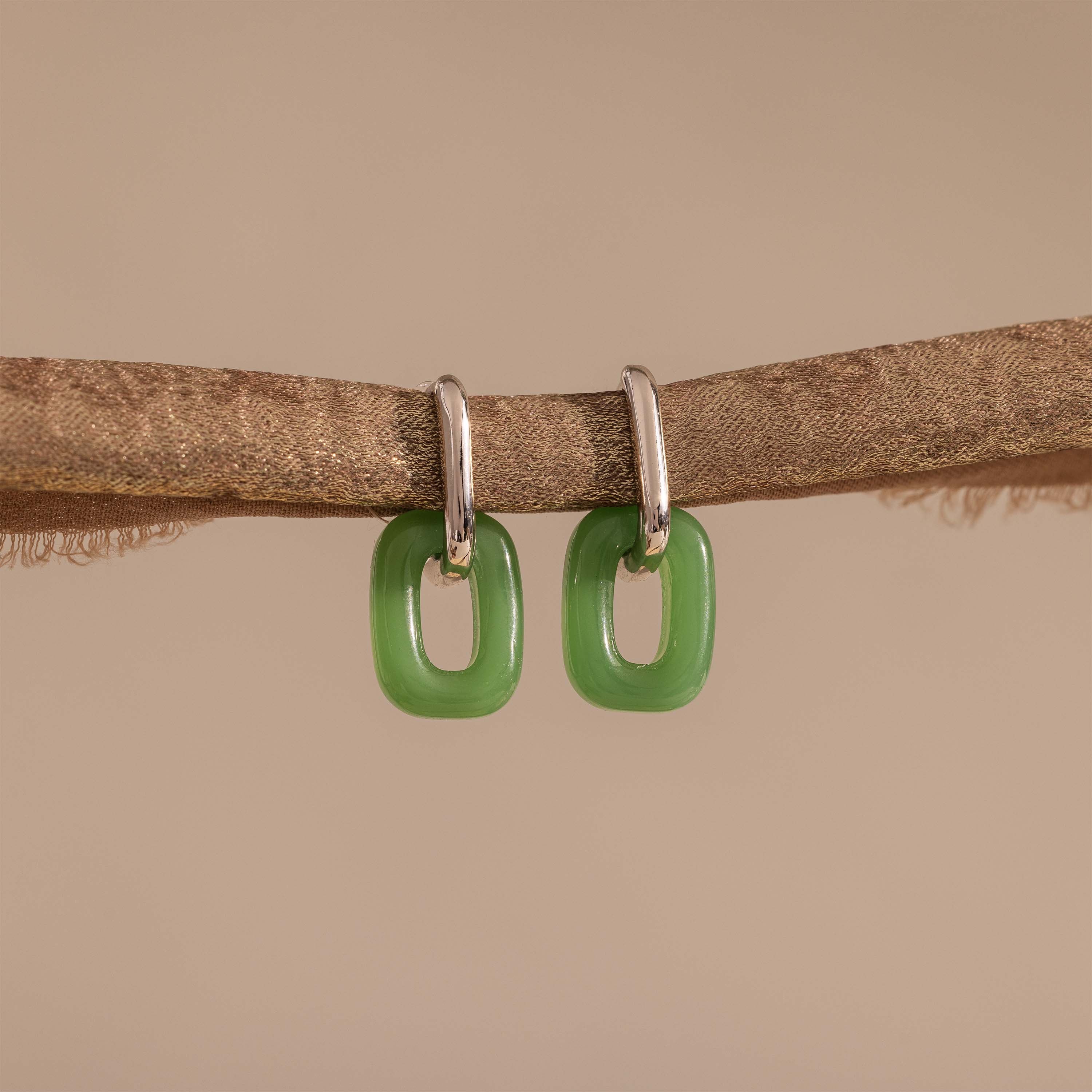 Jade Link Drop Hoops: Modern silver hoops with sleek, rectangular green jade links.