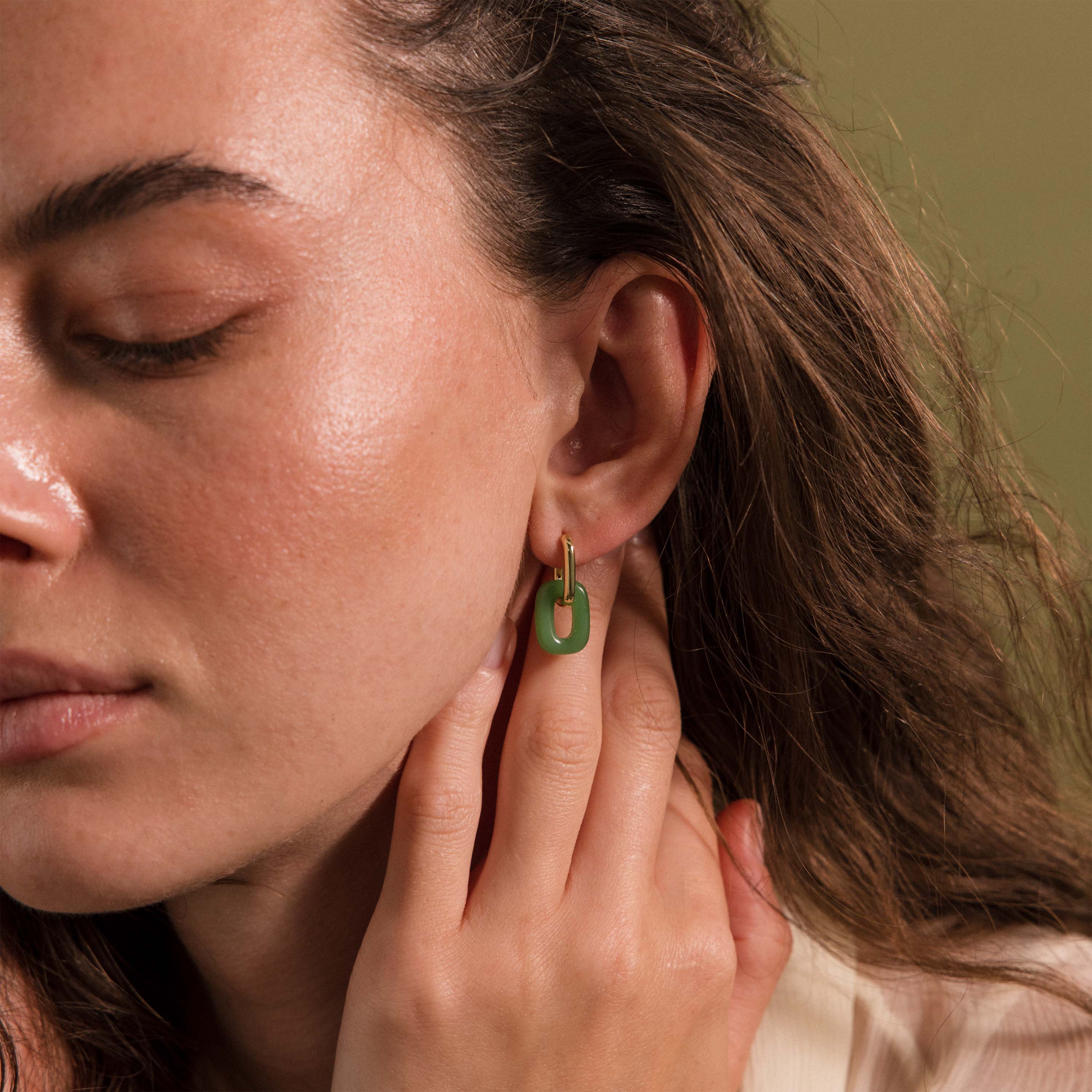 Jade Link Drop Hoops in 18K Gold