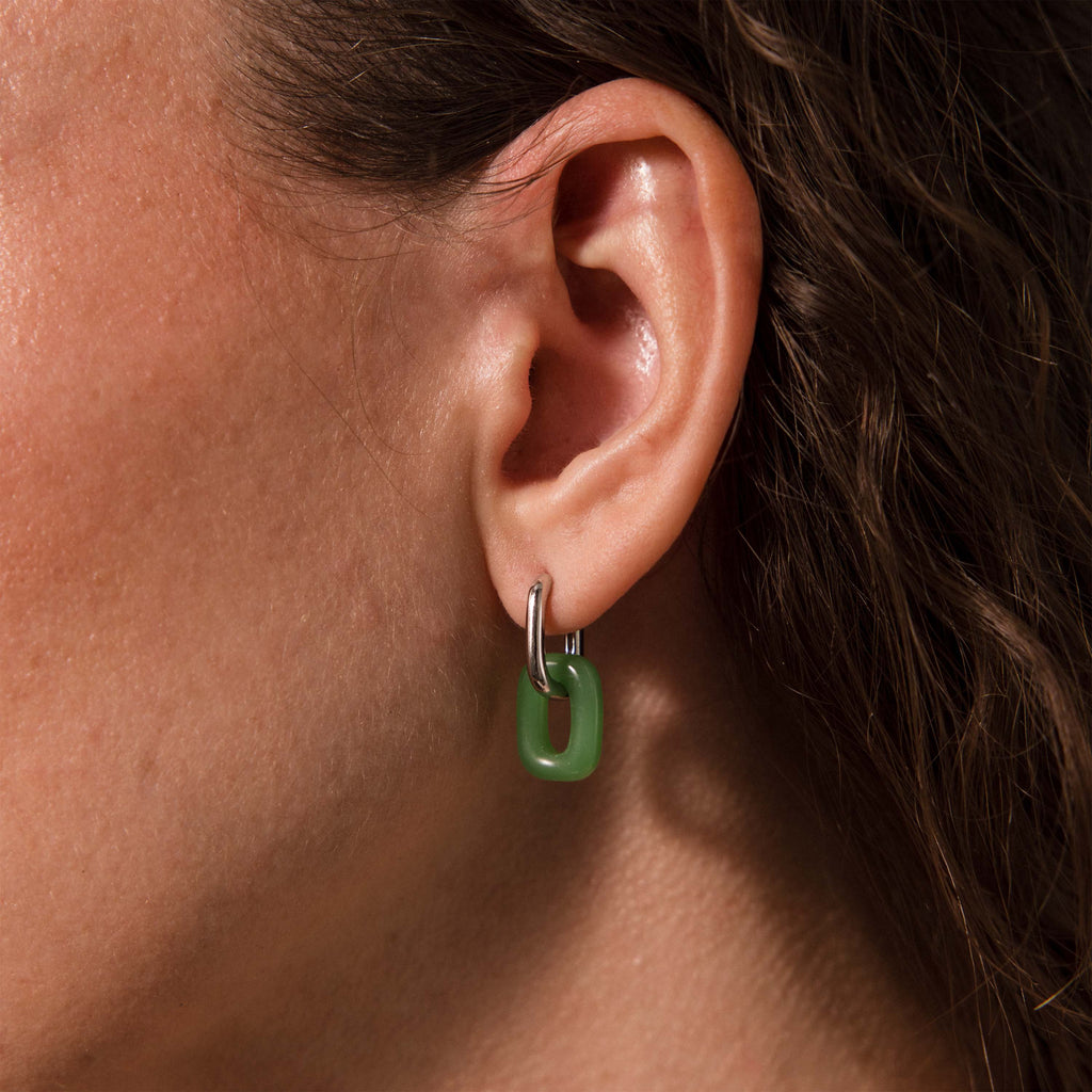 Jade Link Drop Hoops in Silver