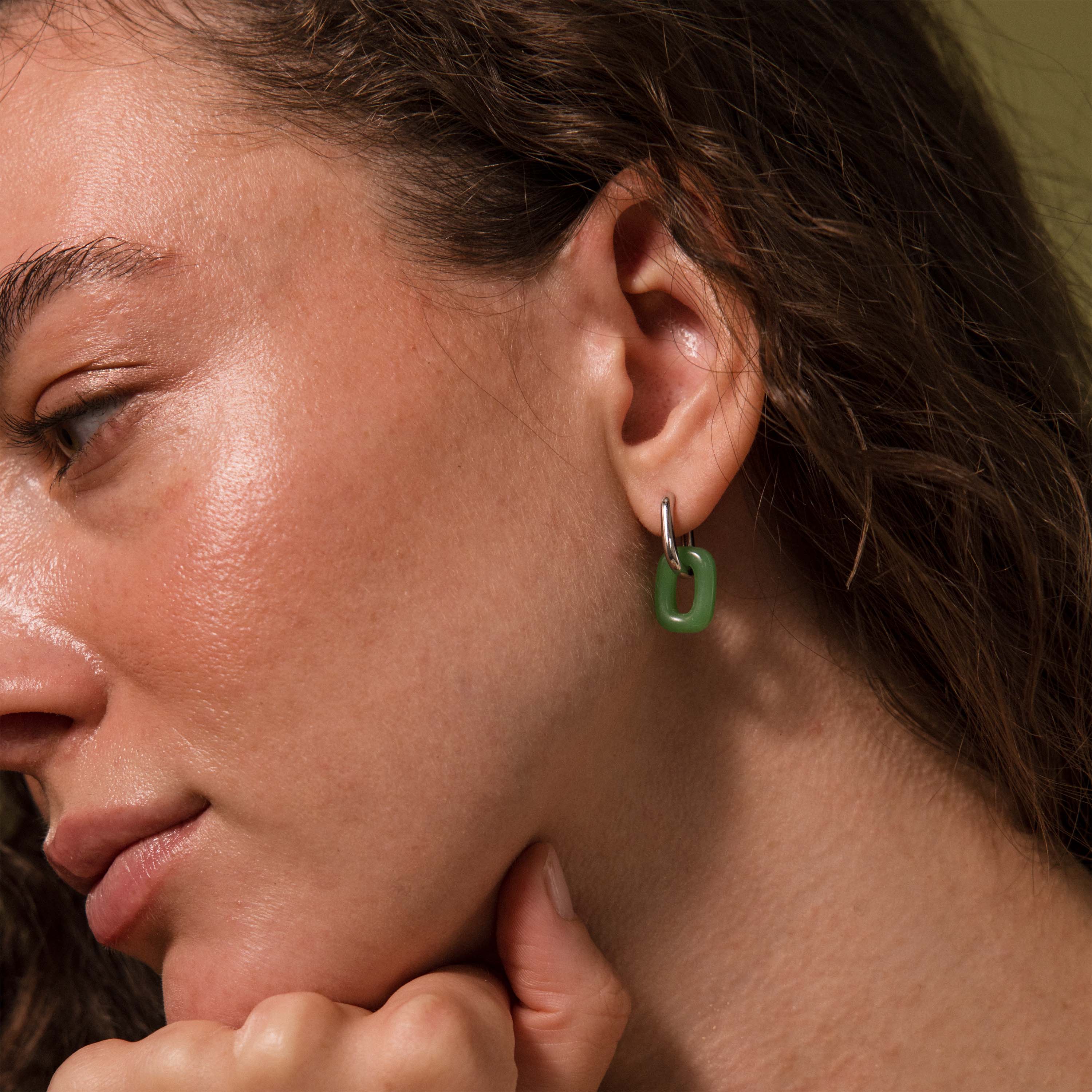 Jade Link Drop Hoops in Silver
