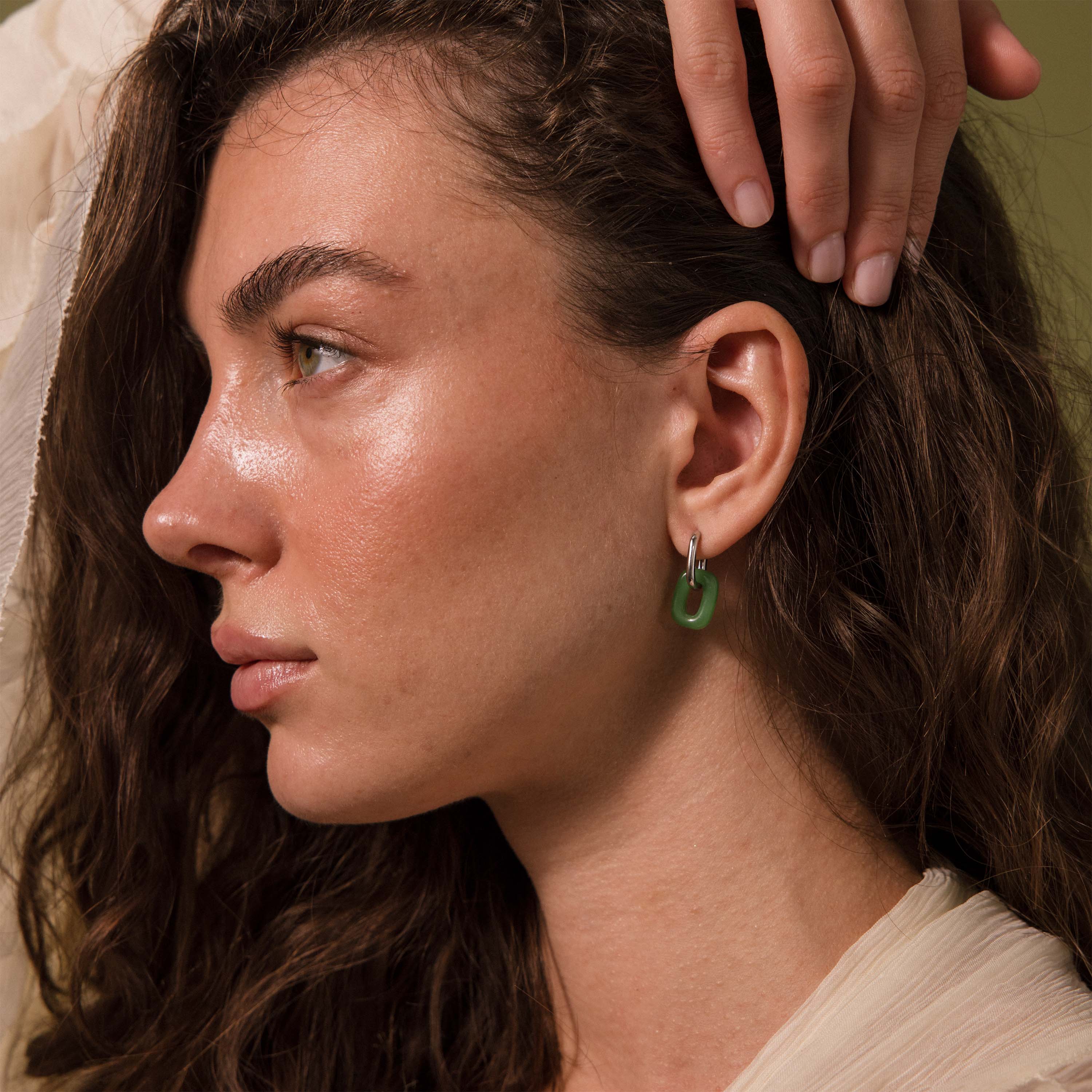 Jade Link Drop Hoops in Silver