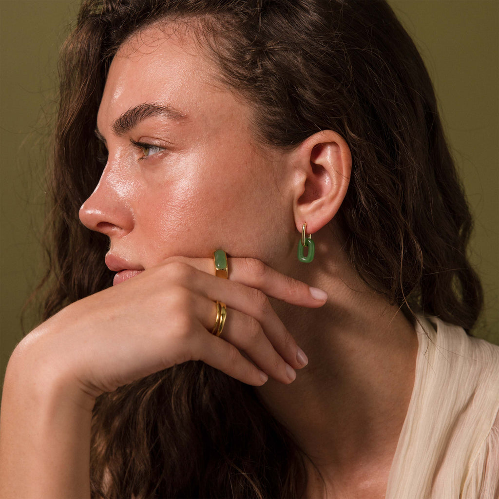 Jade Link Drop Hoops in 18K Gold