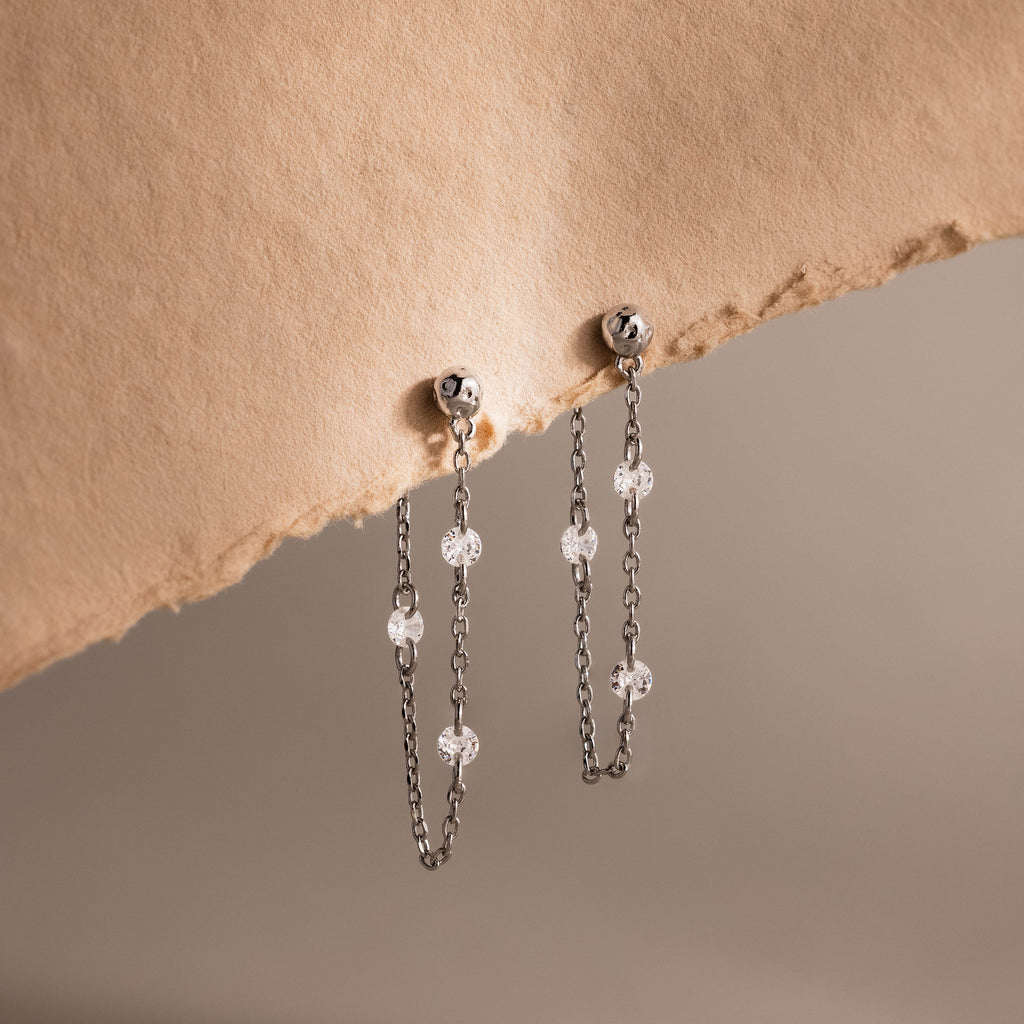 Crystal Chain Drop Studs in Silver