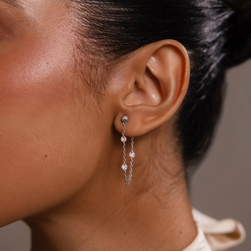 Crystal Chain Drop Studs in Silver
