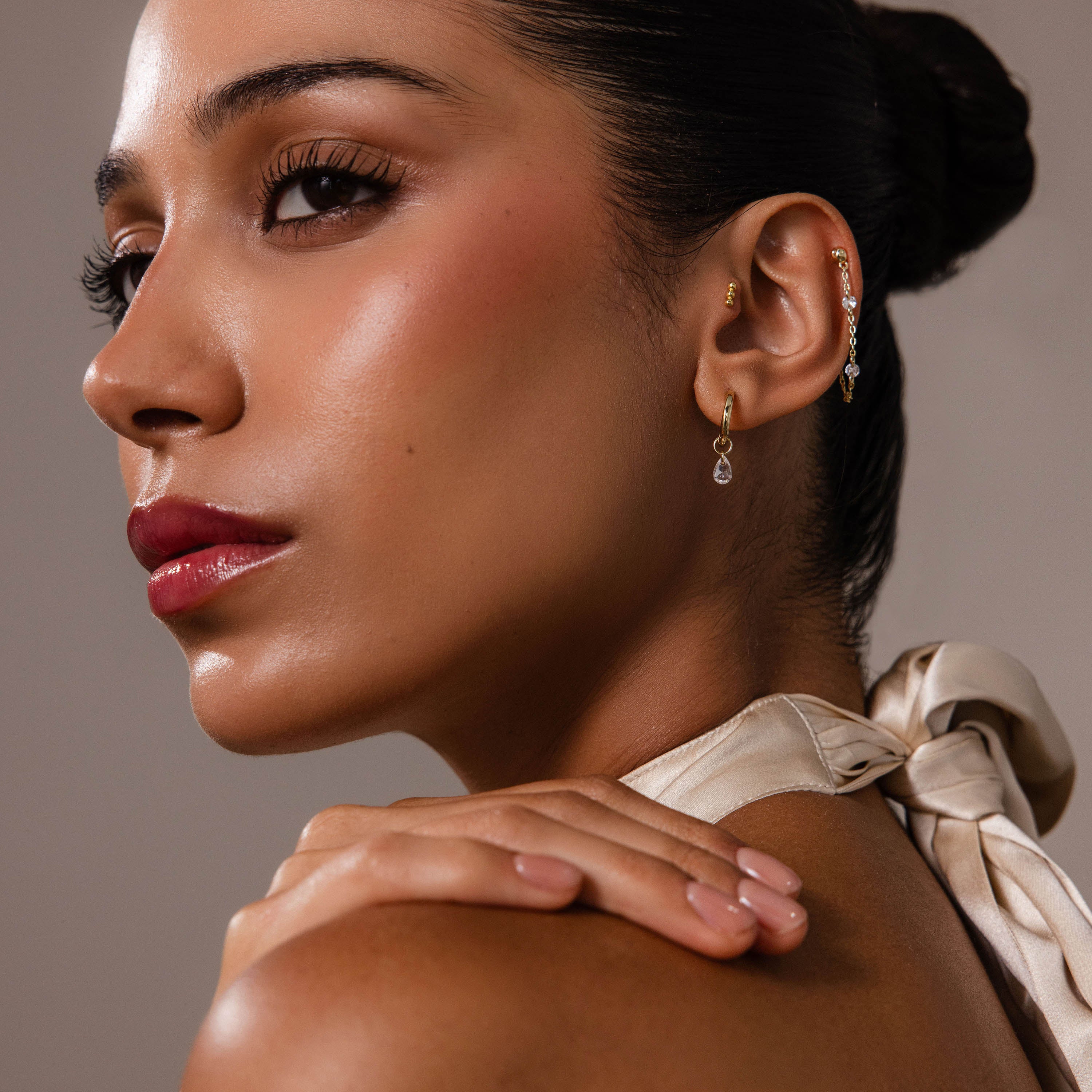 Crystal Chain Drop Studs in 18K Gold