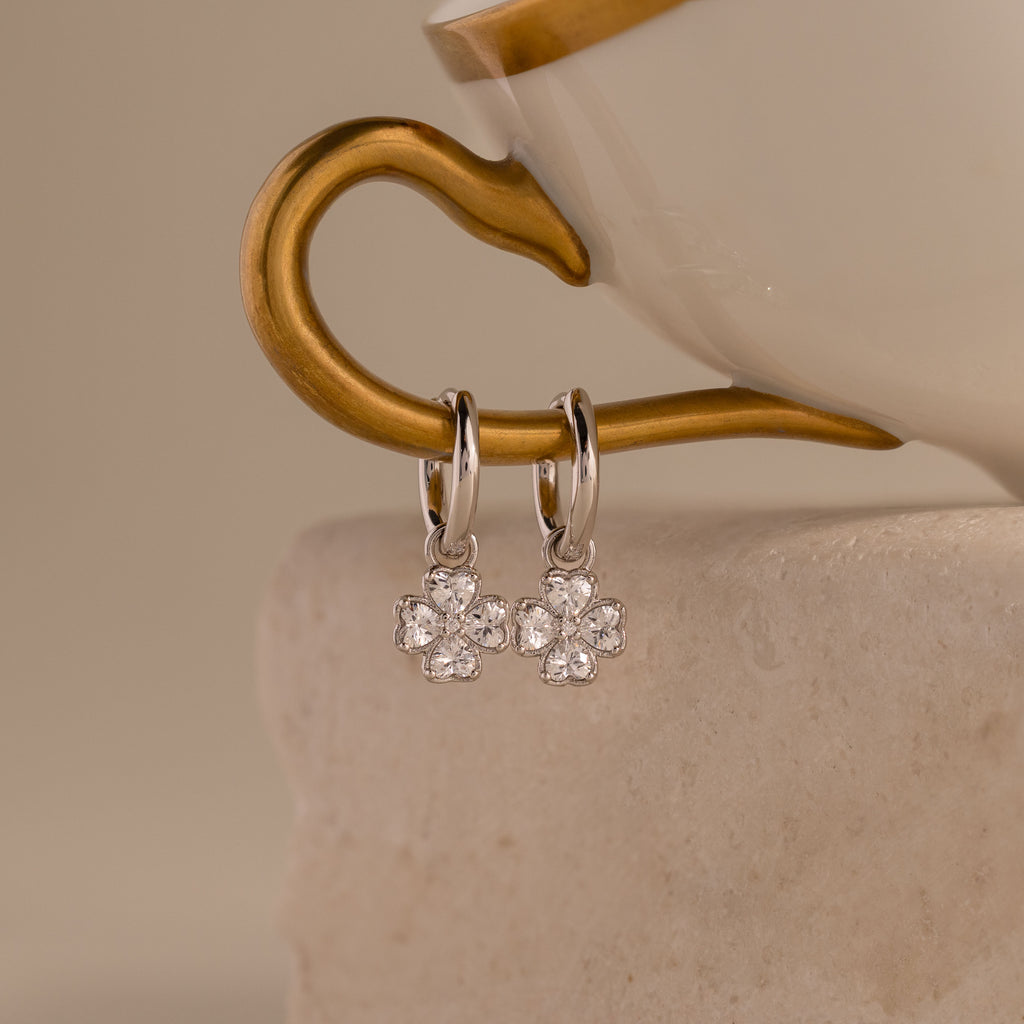 Diamond Clover Huggies in Silver