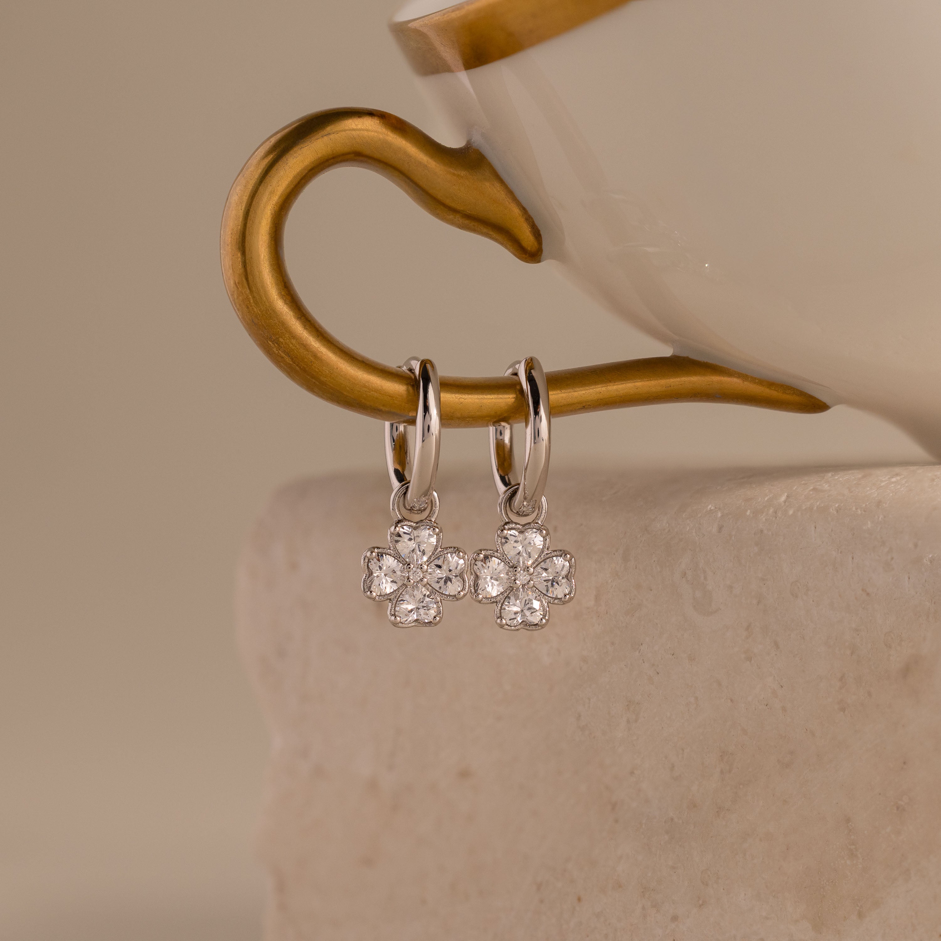 Diamond Clover Huggies in Silver