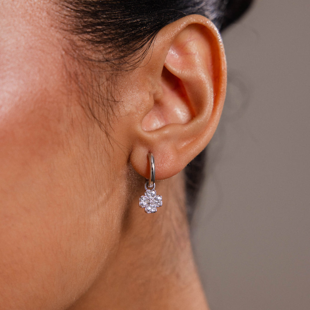 Diamond Clover Huggies in Silver