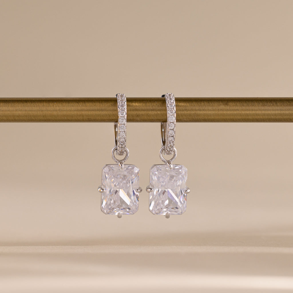 Luxe Diamond Drop Hoops in Silver